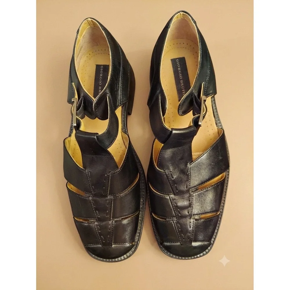 Giorgio Brutini Mens Black Leather Fisherman Sandals Square Toe Made in Brazil
